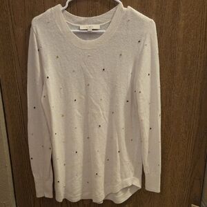 LOFT Cream Crewneck Sweater with Pastel and Dark Dot Embroidery